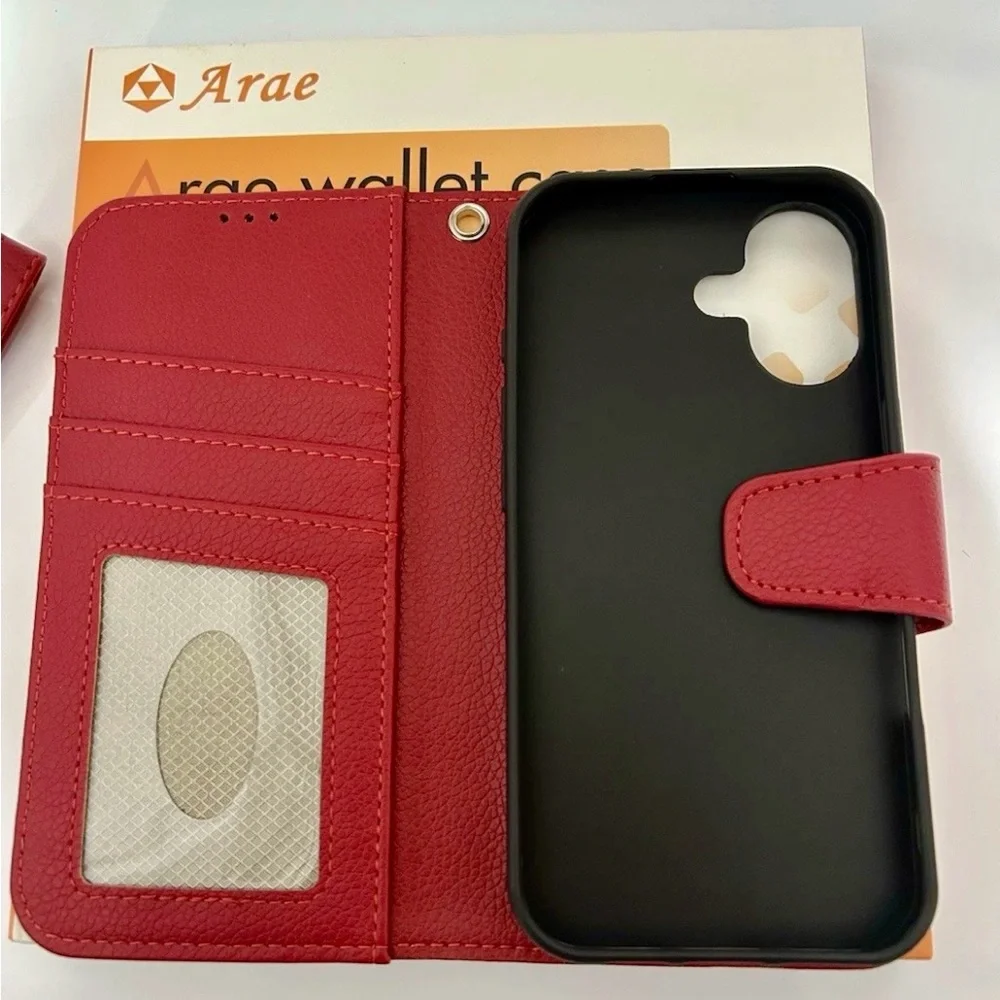 Arae Red Wallet Case with Strap for iPhone 16